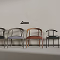 Five Single Chairs With Various Colors Different Designs And Wooden Frames Against Light Wall 3d model