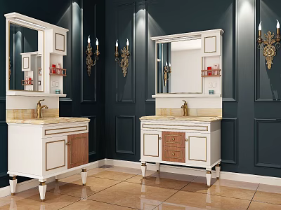 Elegant White Vanities With Mirrors Gold Sconces On Dark Walls And Brown Tile Floor 3d model