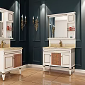 Elegant White Vanities With Mirrors Gold Sconces On Dark Walls And Brown Tile Floor