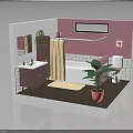 Bathroom Interior With Pink Walls And White Tiles Vanity Mirror Bathtub Toilet And Potted Plant