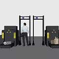 Public Security Check Facility With Metal Detector Gates Baggage Scanners And Person Undergoing Check