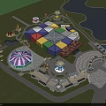 Vibrant Park Landscape With Colorful Geometric Structures Lake Carousel And Green Lawns