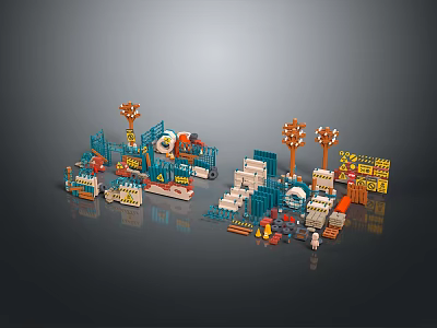 Colorful Building Blocks Scene With Mini Figures Tower Structures And Road Pieces 3d model
