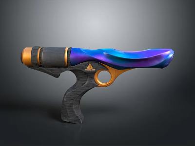Futuristic Sci-Fi Weapon Featuring Blue Purple Gradient Gold Accents And Black Grip 3d model