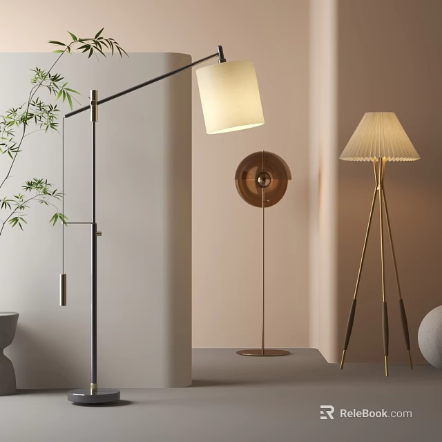 Modern Floor Lamps With Pleated Shade And Brass Stand Near Green Plant In Beige Room 3d model 