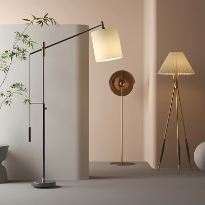 Modern Floor Lamps With Pleated Shade And Brass Stand Near Green Plant In Beige Room 3d model