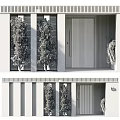 Gray White Modern Building Exterior With Vertical Stripes Green Trees And Black Door