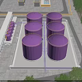 Aerial View Planning of Industrial Facility With Purple Storage Tanks And Black Tops