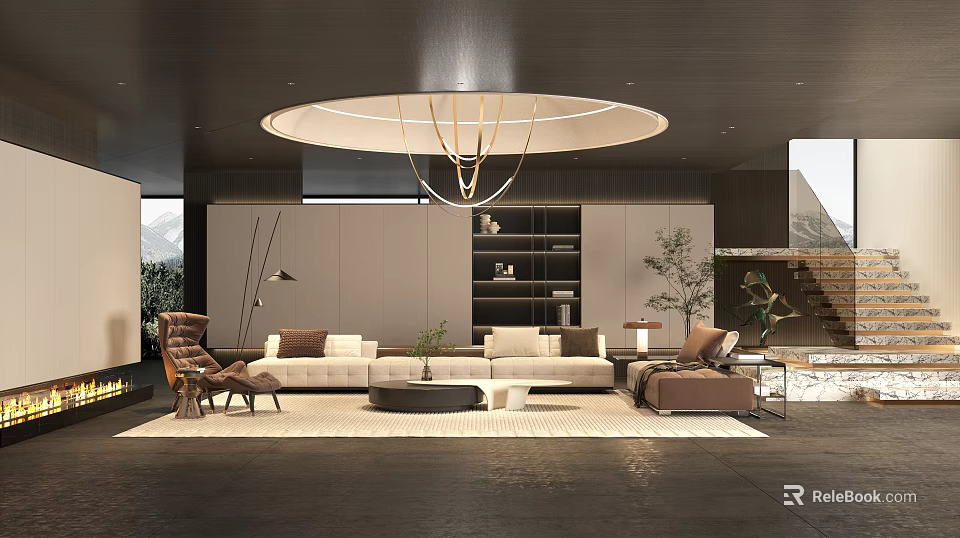 Modern Living Room Interior With Sofa Coffee Table Chandelier Bookshelf And Plants 3d model 