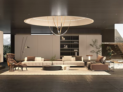 Modern Living Room Interior With Sofa Coffee Table Chandelier Bookshelf And Plants 3d model