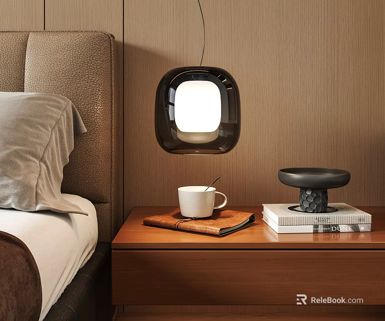 Black Square Chandelier in Modern Bedroom with Bedside Table White Cup and Books 3d model 