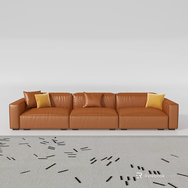 Brown Leather Three Seater Sofa With Yellow Pillows On Geometric Pattern Rug 3d model