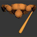 Cartoon Style Muscular Wooden Figure Standing Pose With Rugged Texture Holding Yellow Stick