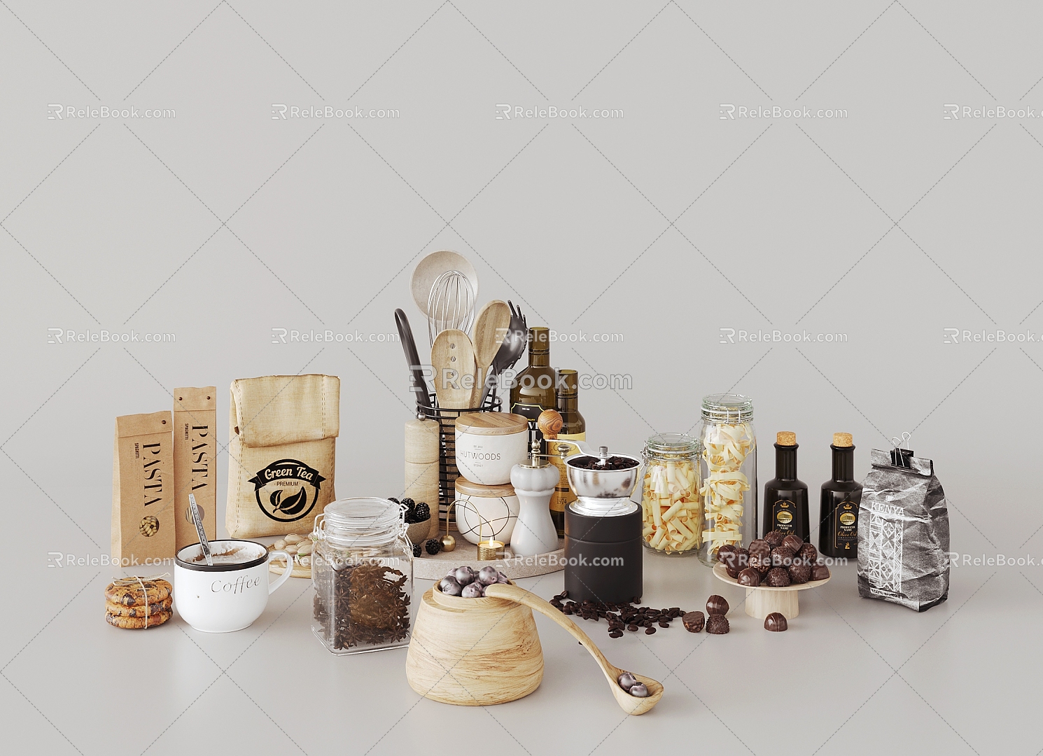 Kitchen supplies combination seasonings rack snacks coffee biscuits glass bottle chocolate 3d model