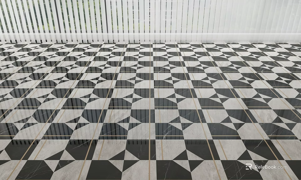 Black And White Geometric Pattern Floor Tiles With Glossy Finish Design 3d model 
