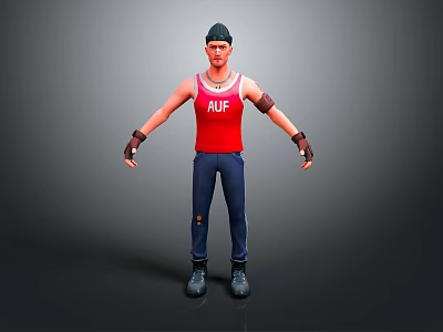 Man Wearing Red ALF Tank Top Blue Pants Black Cap And Wristbands 3d model