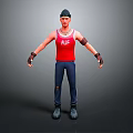 Man Wearing Red ALF Tank Top Blue Pants Black Cap And Wristbands