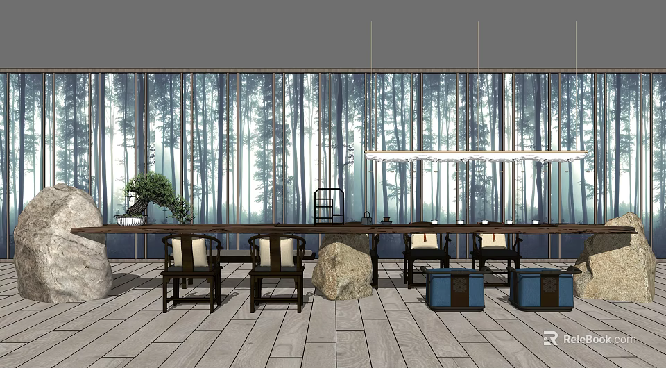 Chinese Style Tea Table With Chairs And Tea Sets In Bamboo Forest Background 3d model