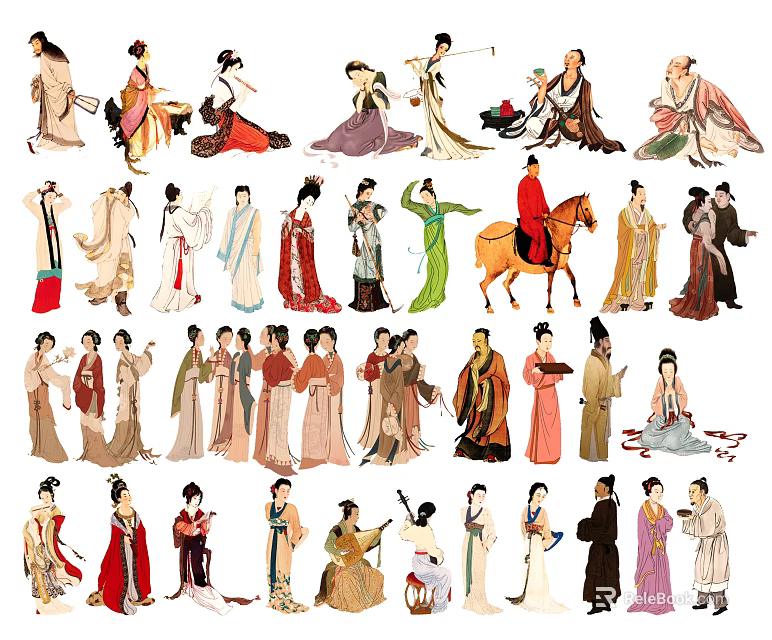 Group of People in Ancient Traditional Costumes With Diverse Historical Styles And Various Poses 3d model 