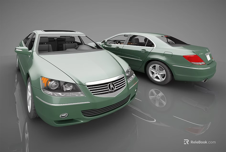Two Green Honda Sedans Displaying Front And Side Views On Reflective Surface 3d model