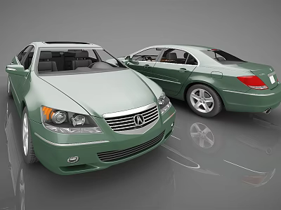 Two Green Honda Sedans Displaying Front And Side Views On Reflective Surface 3d model