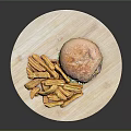 Juicy Burger With Fresh Lettuce And Crispy Fries On Wooden Cutting Board