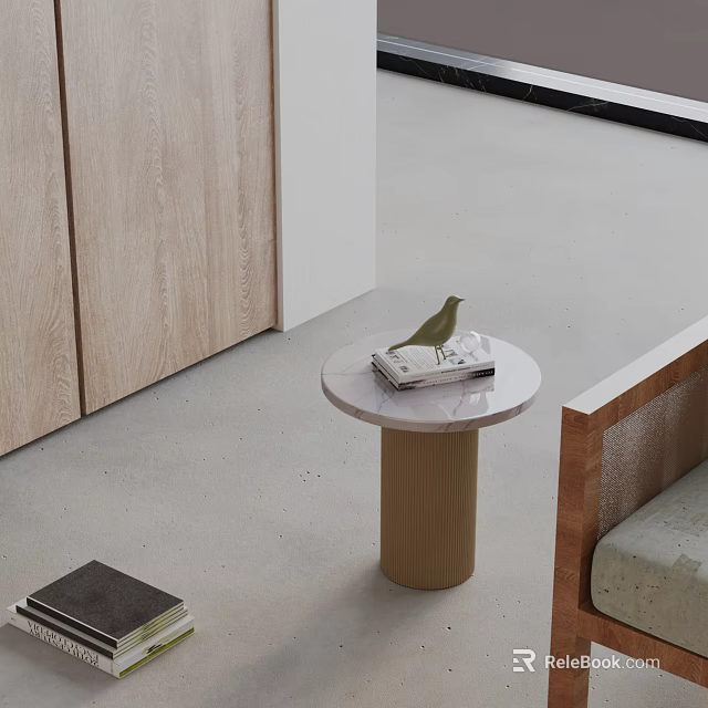 Round Marble Top Side Table With Wooden Base Small Bird Decoration And Magazine On Top 3d model 