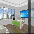 Bright Public Office Space With Green Desk White Sofa Large Screen Monitor And City View
