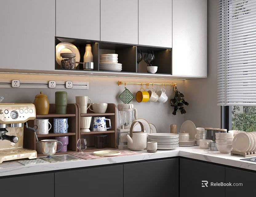 Modern Kitchen Interior With Cabinets Dishes Coffee Machine Shelves And Window Blinds 3d model 