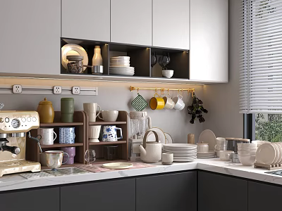 Modern Kitchen Interior With Cabinets Dishes Coffee Machine Shelves And Window Blinds 3d model