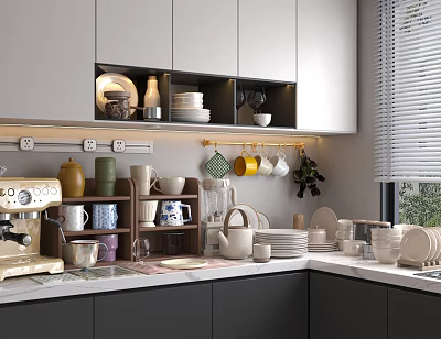 Modern Kitchen Interior With Cabinets Dishes Coffee Machine Shelves And Window Blinds 3d model