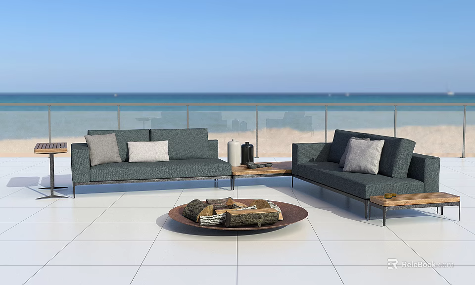 Gray Outdoor Sofa with Cushions on Terrace by Sea View and White Tile Floor 3d model 