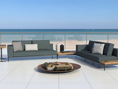Gray Outdoor Sofa with Cushions on Terrace by Sea View and White Tile Floor 3d model