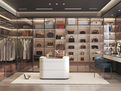 Modern Walk In Closet Interior With Bags Clothes And Island 3d model