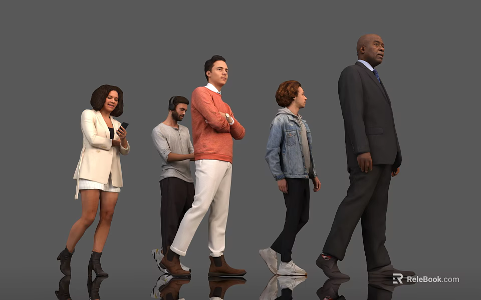 Group of Diverse People Standing and Walking With Casual and Formal Attire on Gray Background 3d model 