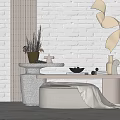 Modern Minimalist Side Table With Stool And Decorative Items Against White Brick Wall 3d model