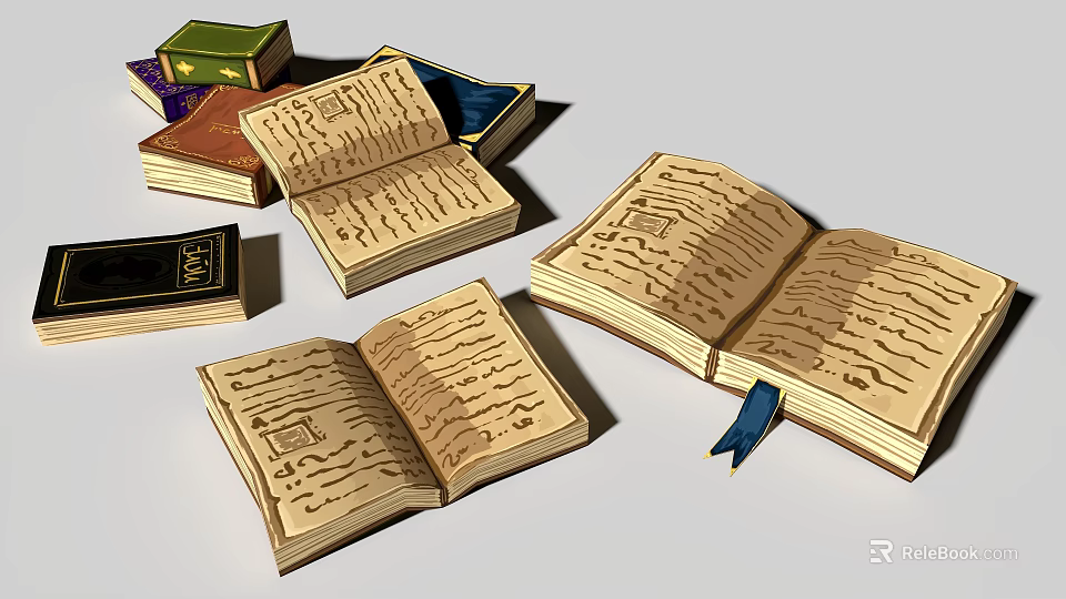 Open Ancient Books Collection With Various Colored Covers And Text Pages 3d model 
