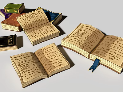 Open Ancient Books Collection With Various Colored Covers And Text Pages 3d model