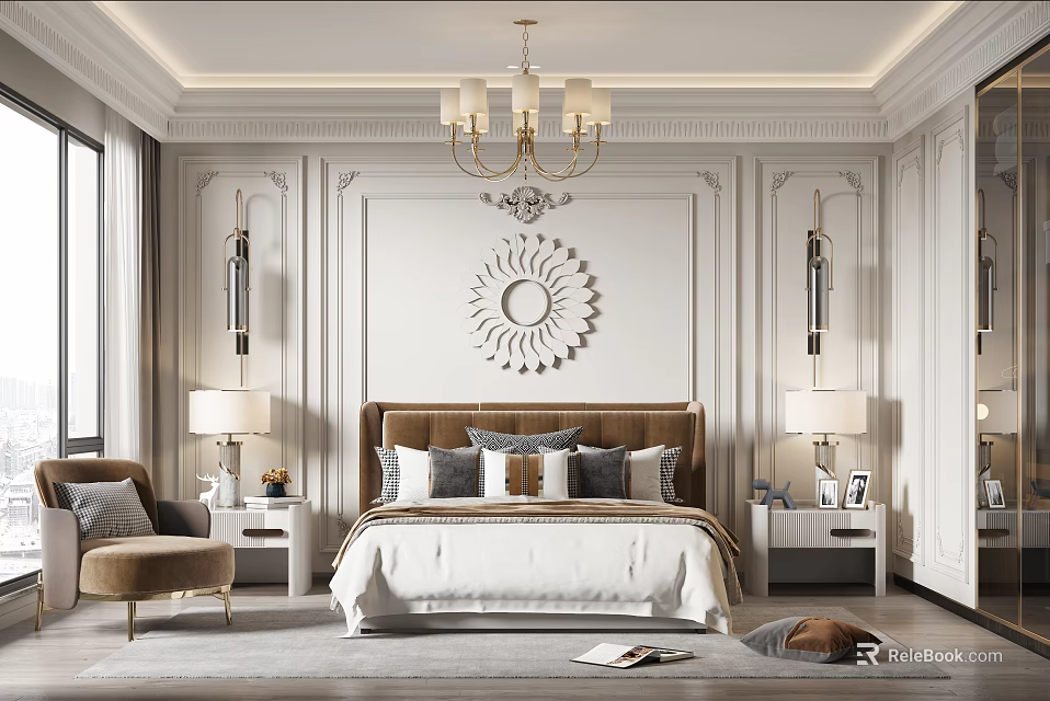 Elegant Modern Bedroom Interior With Sunburst Mirror Chandelier Upholstered Headboard Nightstands Table Lamps 3d model 