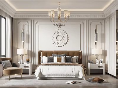 Elegant Modern Bedroom Interior With Sunburst Mirror Chandelier Upholstered Headboard Nightstands Table Lamps 3d model