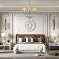 Elegant Modern Bedroom Interior With Sunburst Mirror Chandelier Upholstered Headboard Nightstands Table Lamps