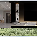 Modern Living And Dining Room Interior Design With Circular Chandelier Fireplace And TV Wall