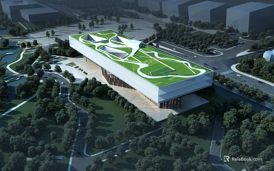 Modern Museum Building with Green Curved Roof Surrounded by Trees and Greenery 3d model 