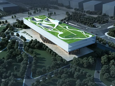 Modern Museum Building with Green Curved Roof Surrounded by Trees and Greenery 3d model