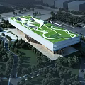 Modern Museum Building with Green Curved Roof Surrounded by Trees and Greenery