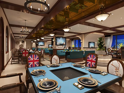 Elegant Hotpot Restaurant Interior With British Flag Chairs Dining Tables And Stoves 3d model