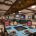Elegant Hotpot Restaurant Interior With British Flag Chairs Dining Tables And Stoves