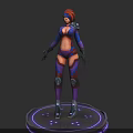 Fashionable Woman In Blue And Purple Tight Outfit With Shoulder Armor And Gloves