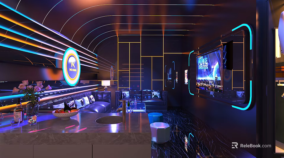 Modern KTV Interior With Neon Lights Sofas TV Screens And Bar Counter 3d model 