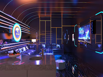 Modern KTV Interior With Neon Lights Sofas TV Screens And Bar Counter 3d model